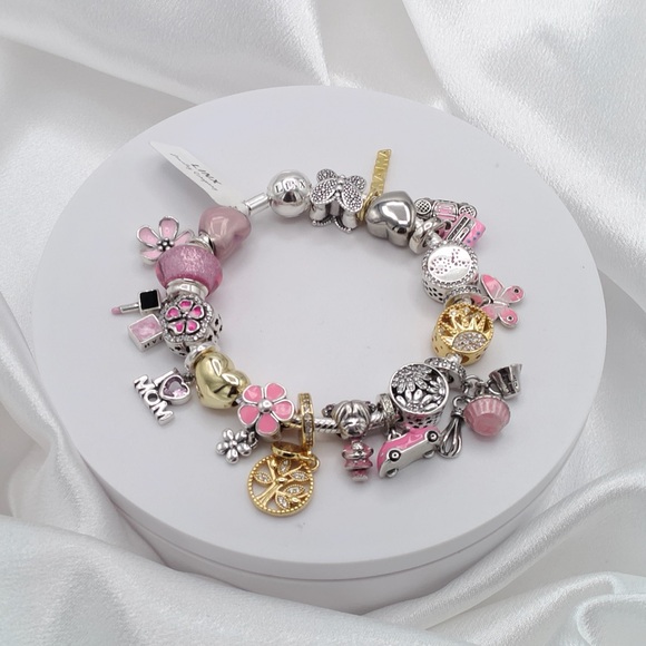 Linx Silver Snake Chain Bracelet with Pink Gold and Silver Mom Themed Charms